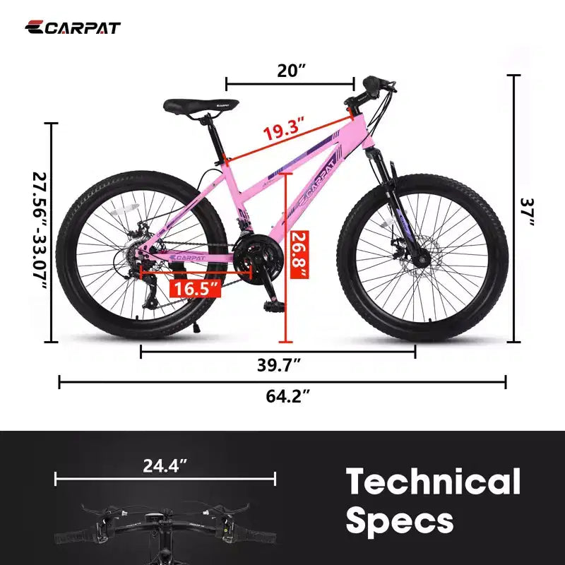 Okak mountainbike van 24/26IN met 21 versnellingen en dubbele schijfremmen, kinderfiets met 100mm voorvering, crossfiets voor tieners en vrouwen
