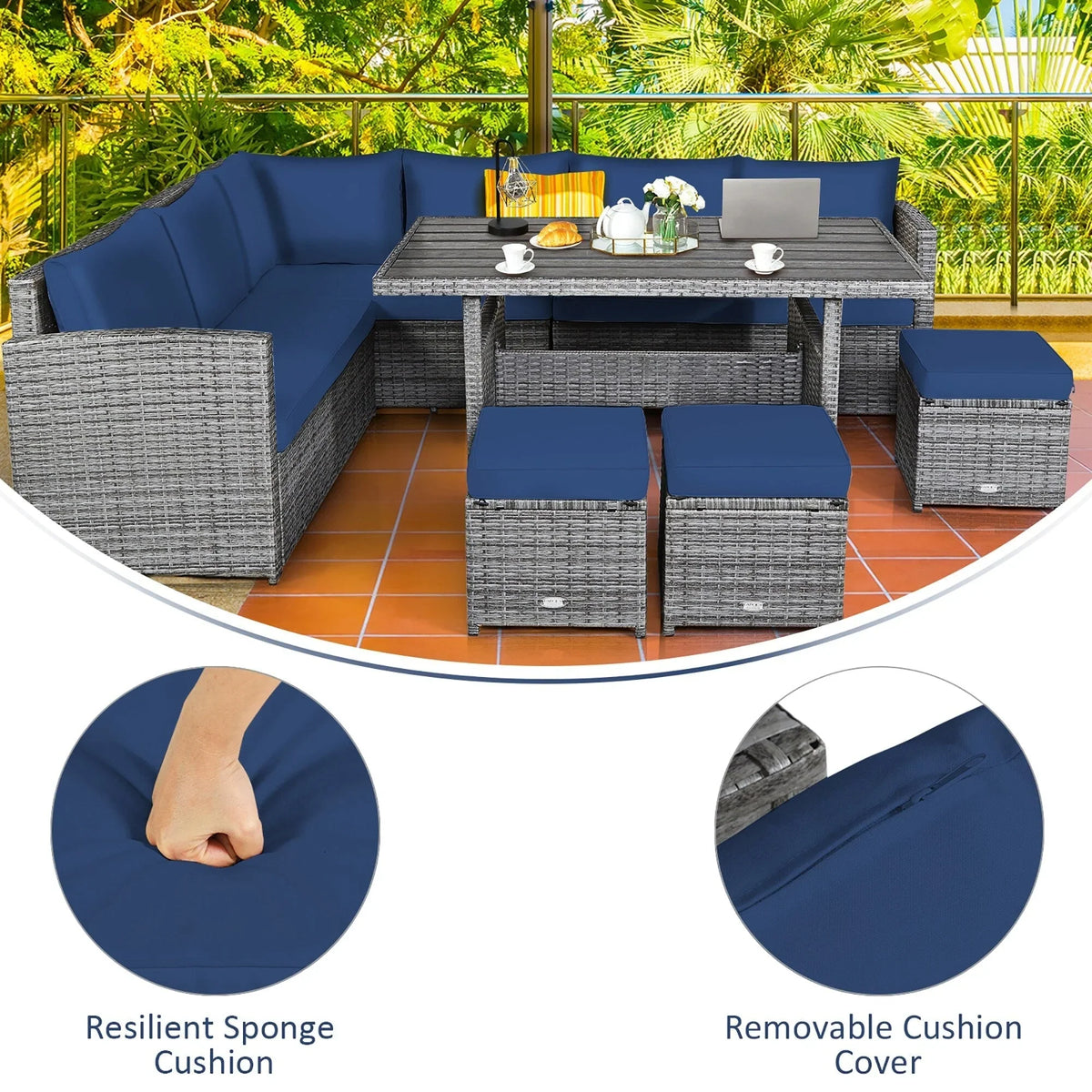 Costway, ensemble de salle à manger de jardin en rotin de 7 pièces avec canapé d’angle et repose-pieds - Voir les détails