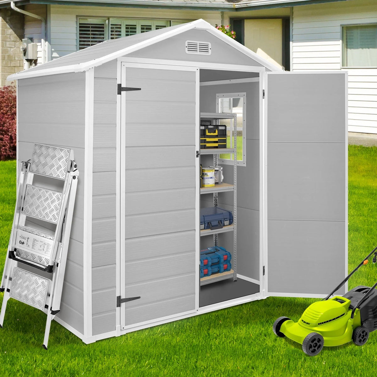 Abri de rangement extérieur en résine et plastique, tous temps, avec plancher, 6 ft x 4 ft/6 ft x 8 ft/8 ft x 6 ft/8 ft x 10 ft, abri à outils Spire