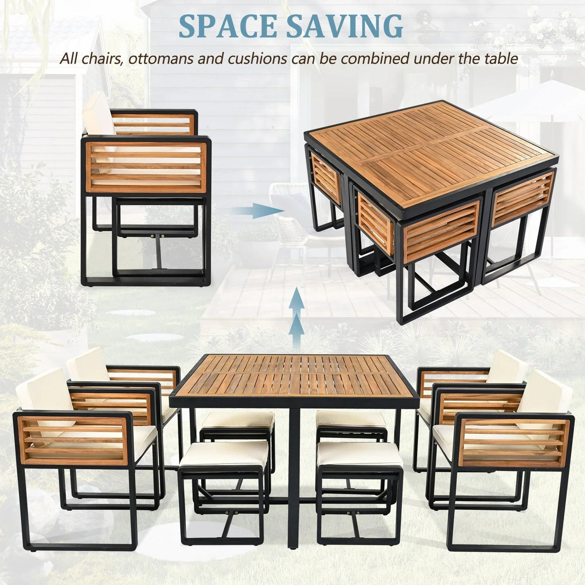 18-teiliges Garten-Esszimmer-Set aus Akazienholz, 8 gepolsterte Stühle, 8 Hocker und 2 quadratische Tische