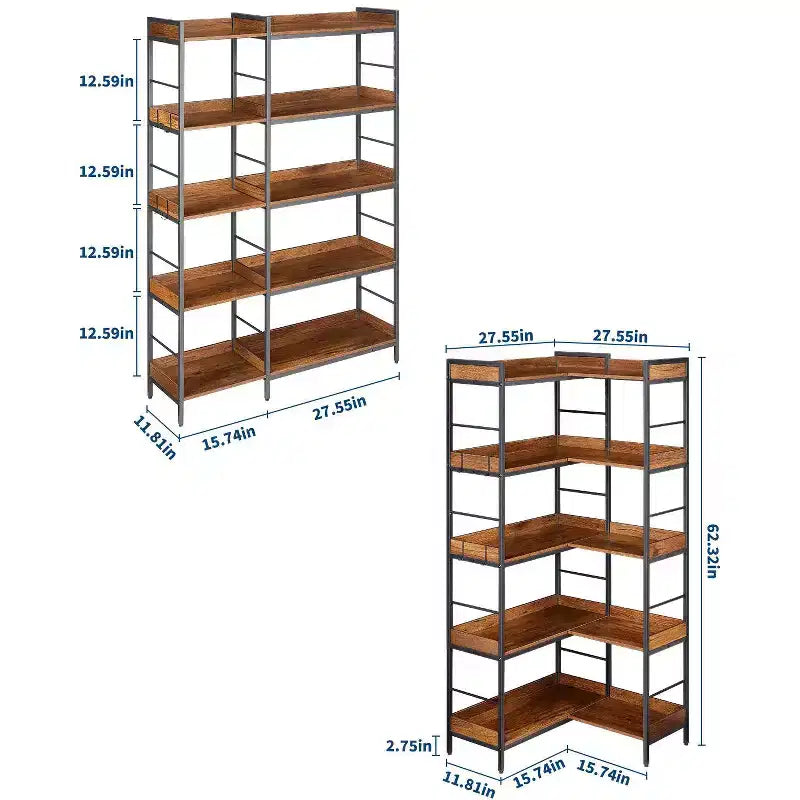 Bibliothèque d'angle en L à 5 niveaux, 65, en bois et métal de style industriel (brun rustique), rangement réversible pour le salon, la chambre et le bureau à domicile