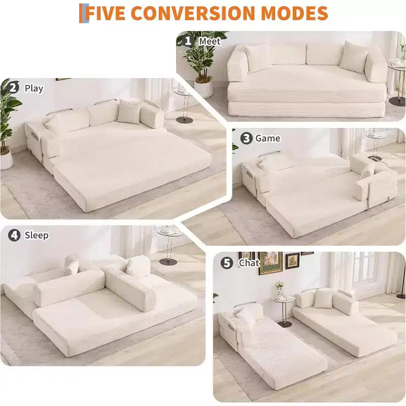 5-in-1-Schlafsofa, 78.8 modulares Cordsofa mit stabilem Gestell, multifunktionales Futon für kleine Räume, Wohnzimmer und Gästezimmer