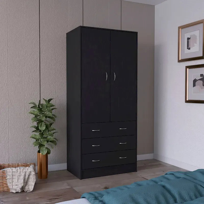 19 Moderner zweitüriger Kleiderschrank mit 3 Schubladen und 1 Kleiderstange fürs Schlafzimmer