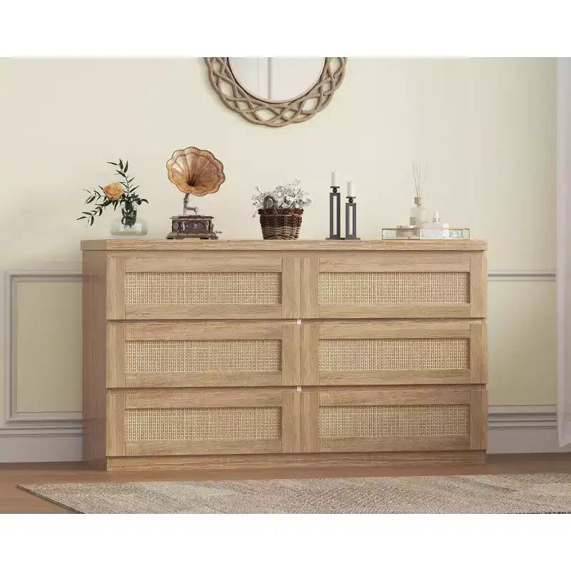 Rotan ladekast voor de slaapkamer met 6 laden, brede moderne ladekast van 47 inch in landelijke stijl, houten opbergkast en organizer voor kledingkast, woonkamer en hal