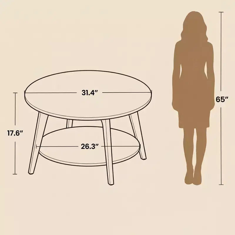 Table basse ronde brun miel avec 2 niveaux de rangement, mesurant 31.5 x 17.7 pouces, idéale pour le salon