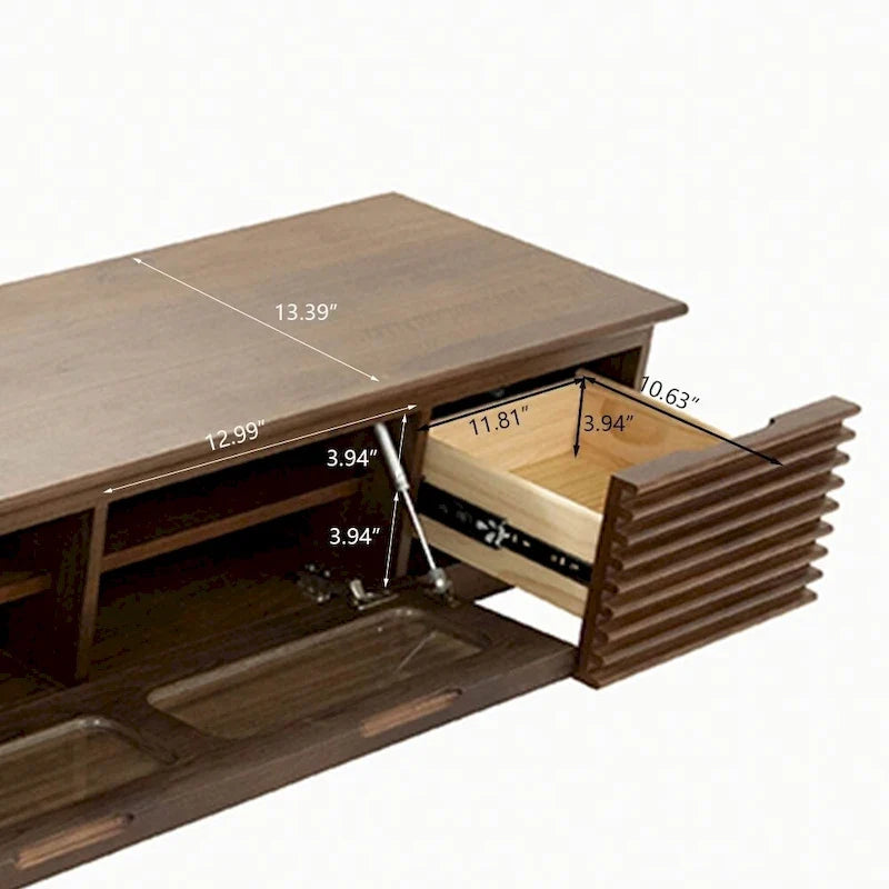 Minimalistische tv-kast met lades, mediameubel van massief hout met kasten, neerklapbare deur, walnootfineer, volledig gemonteerd