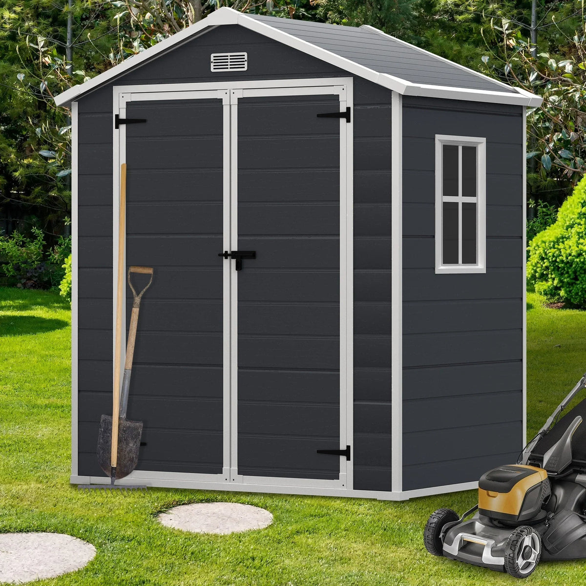 Abri de rangement extérieur en résine et plastique, tous temps, avec plancher, 6 ft x 4 ft/6 ft x 8 ft/8 ft x 6 ft/8 ft x 10 ft, abri à outils Spire