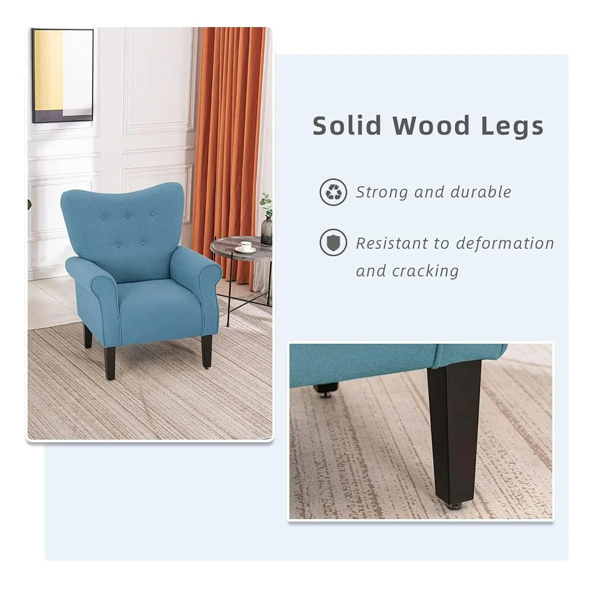 Fauteuil d’appoint moderne Erommy à dossier haut, fauteuil une place en tissu rembourré avec boutons et pieds en bois, pour salon