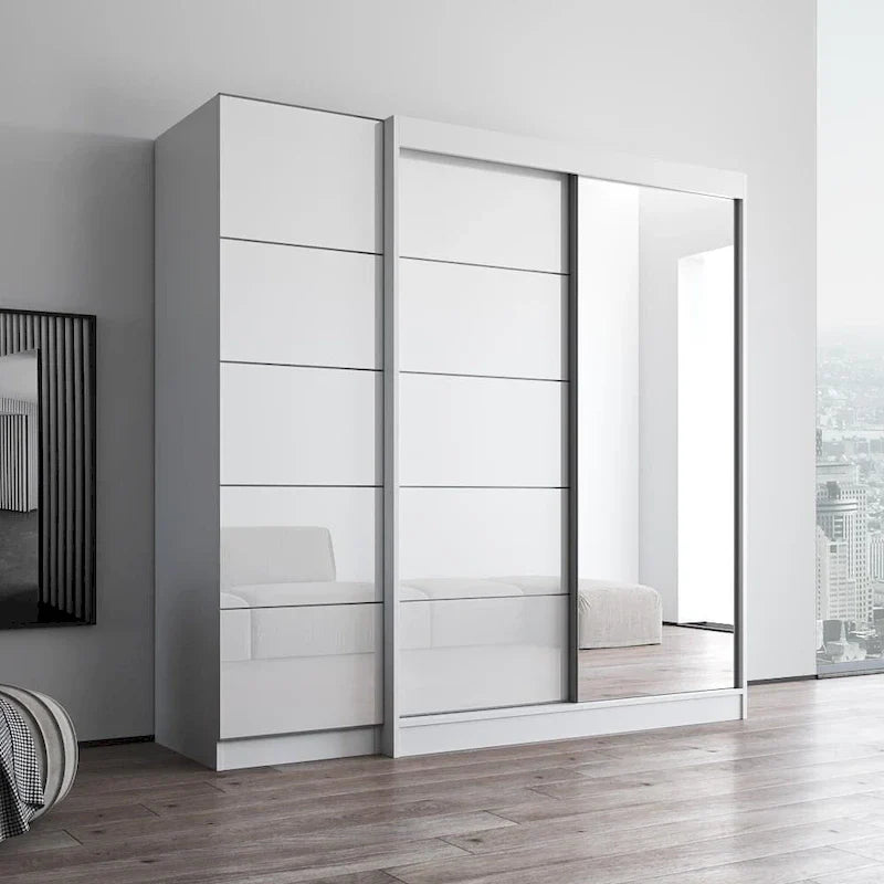Kleiderschrank mit 2 Türen und Spiegel, Glasfront, für 2 Personen (Grau / Schwarz / Weiß)