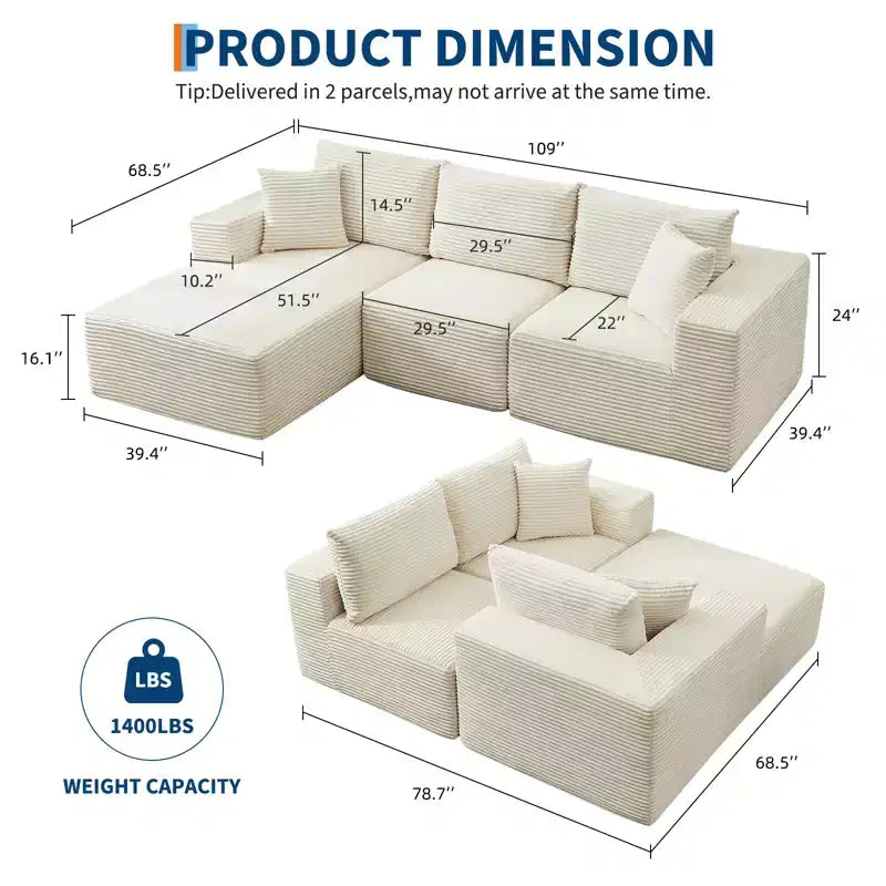 108 Modernes Sofa, 3-Sitzer-Polstersofa in L-Form mit Kissen, Sofa mit tiefer Sitzfläche, keine Montage erforderlich