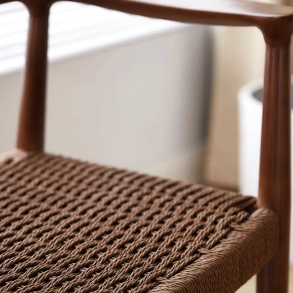 Chaise de salle à manger scandinave en bois courbé, avec assise tressée et accoudoirs