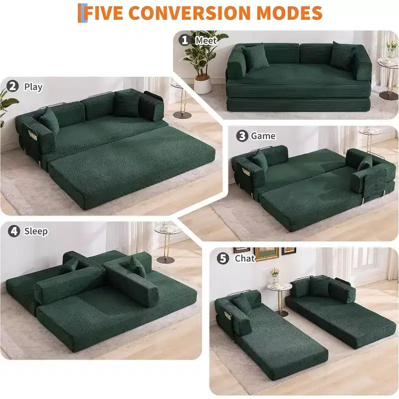 5-in-1-Schlafsofa, 78.8 modulares Cordsofa mit stabilem Gestell, multifunktionales Futon für kleine Räume, Wohnzimmer und Gästezimmer