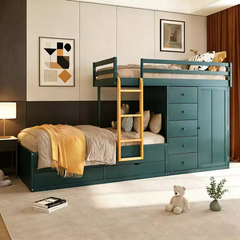 Moderne stapelbedcombinatie met twee tweepersoonsbedden, ingebouwde kledingkast en 7 opbergladen