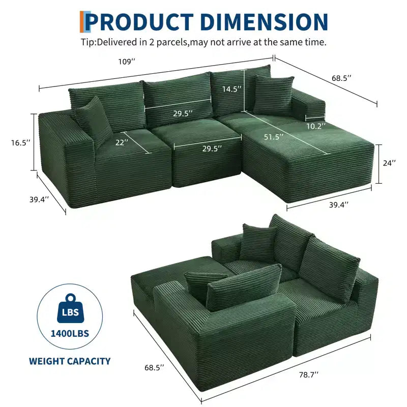 108 Modernes Sofa, 3-Sitzer-Polstersofa in L-Form mit Kissen, Sofa mit tiefer Sitzfläche, keine Montage erforderlich