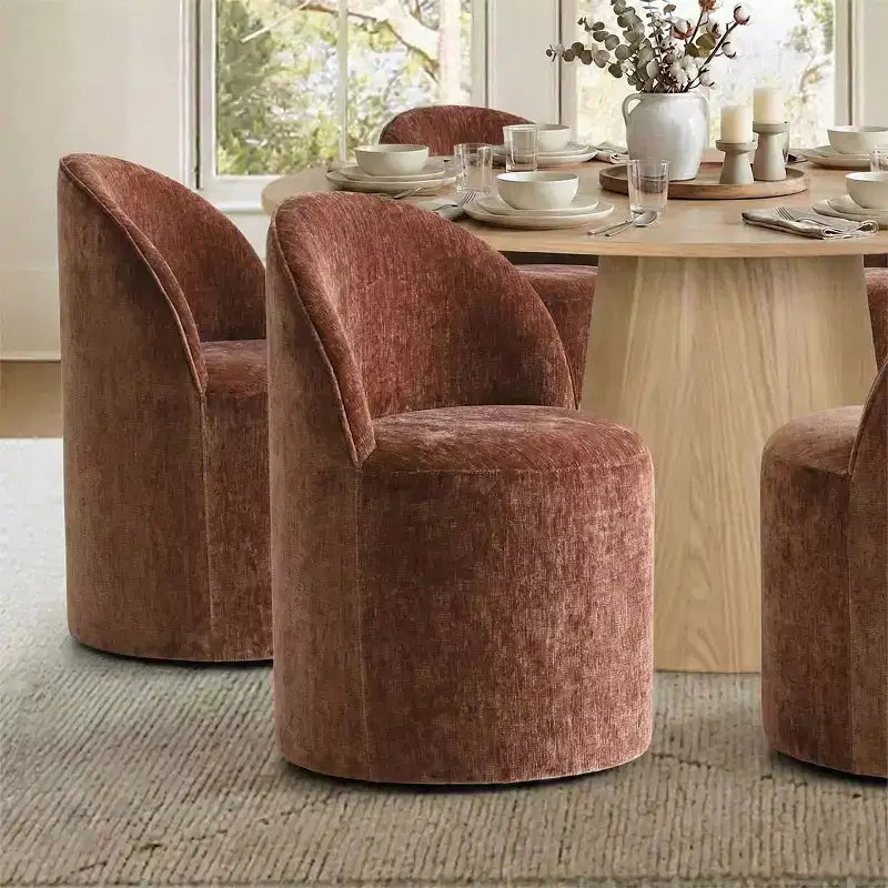 Ensemble de salle à manger moderne pour 6 personnes, table ronde à piètement central, fauteuils pivotants en forme de tonneau à roulettes, chenille texturée - Panipeachy