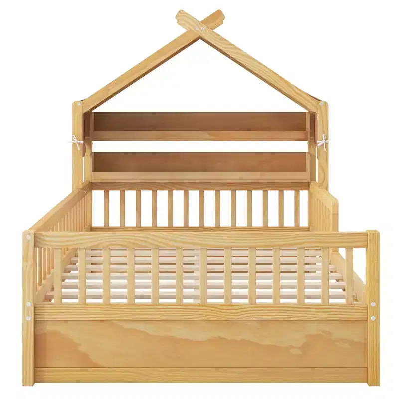 Lit cabane en bois ModernLuxe pour lit simple ou double avec tête de lit de rangement, cadre de lit pour enfant en pin massif avec barrières de sécurité