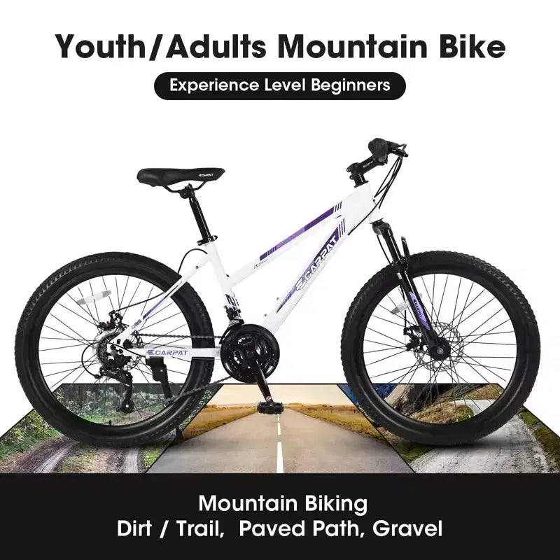 Okak mountainbike van 24/26IN met 21 versnellingen en dubbele schijfremmen, kinderfiets met 100mm voorvering, crossfiets voor tieners en vrouwen