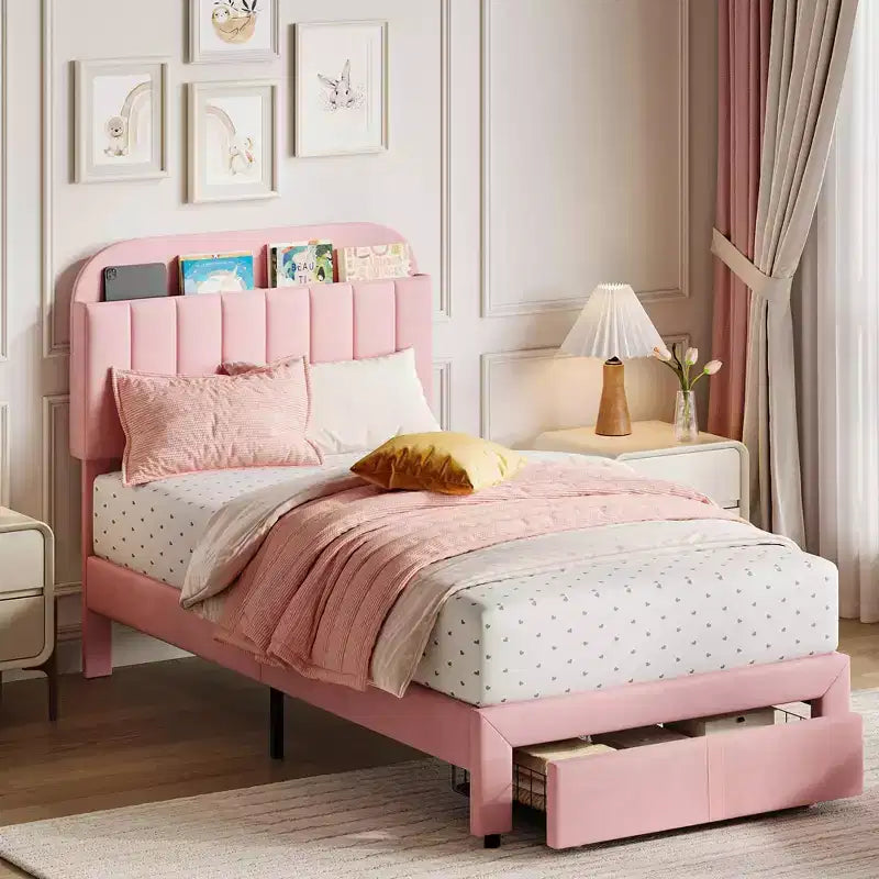 2er-Pack Einzelbettgestell mit Stauraumschubladen und Kopfteil, samtbezogen, niedrige Bauweise, geräuschlos, einfacher Aufbau, Rosa