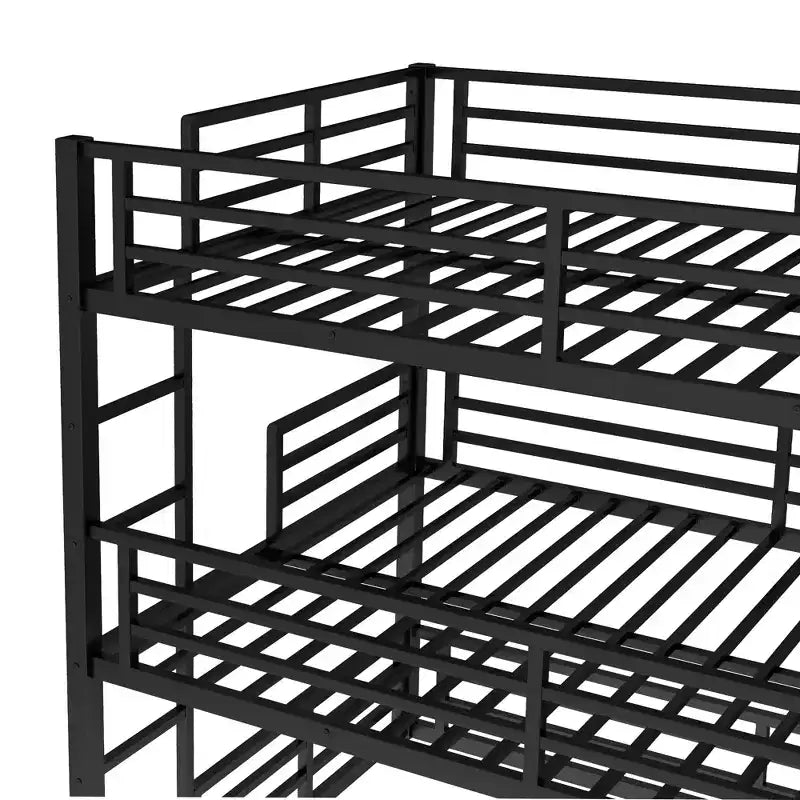 Etagenbett für drei Personen, Metall, mit Sicherheitsgittern, robustes Etagenbett mit geräuschreduziertem Design, Schwarz