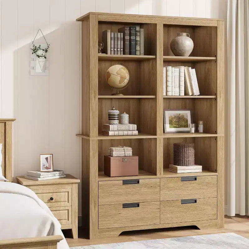 Boekenkast van 72 inch hoog met 4 laden, vrijstaande opbergboekenkast in boerderijstijl voor de slaapkamer, woonkamer en het thuiskantoor