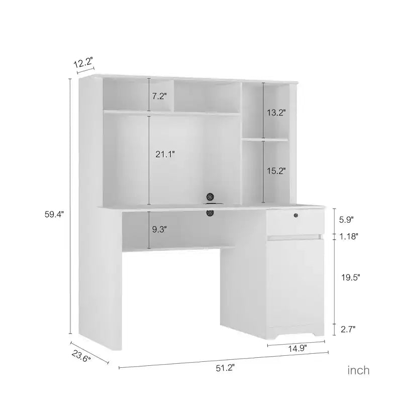 Moderne computerbureau van 51.18IN met opzetkast en boekenplank, bureau met veel opbergruimte, schrijftafel voor studeerkamer en leesruimte