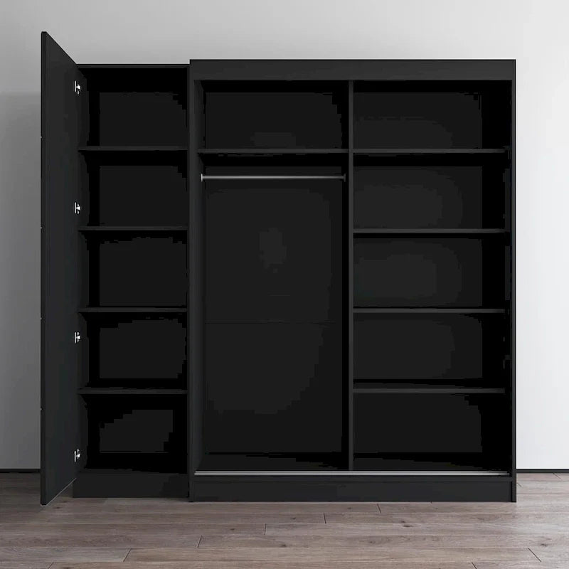 Kleiderschrank mit 2 Türen und Spiegel, Glasfront, für 2 Personen (Grau / Schwarz / Weiß)
