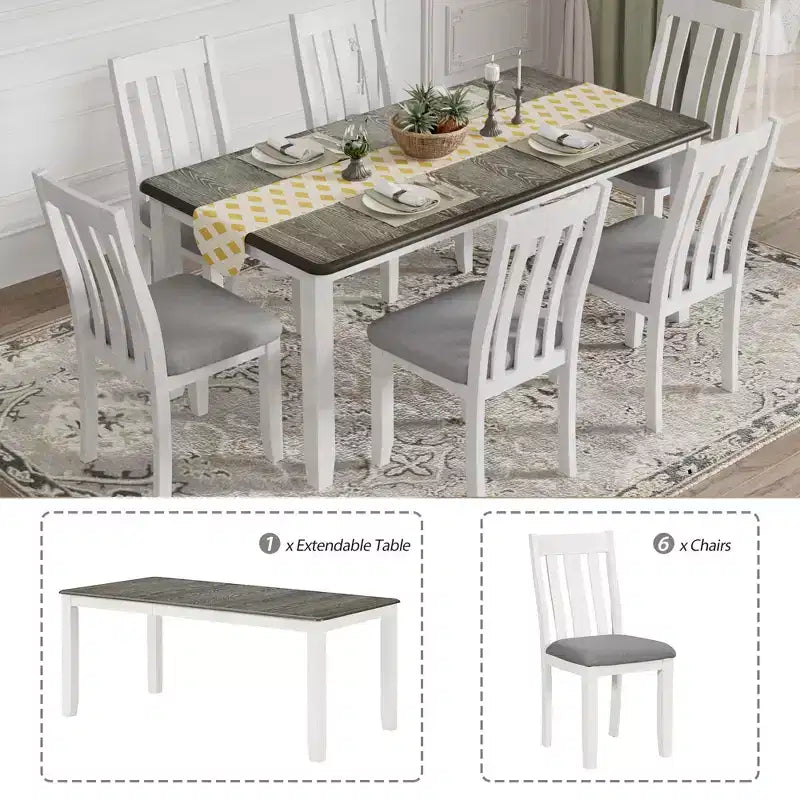 Ausziehbares Esszimmer-Set im Landhausstil für 6 Personen, rechteckiger Tisch und 6 gepolsterte Stühle