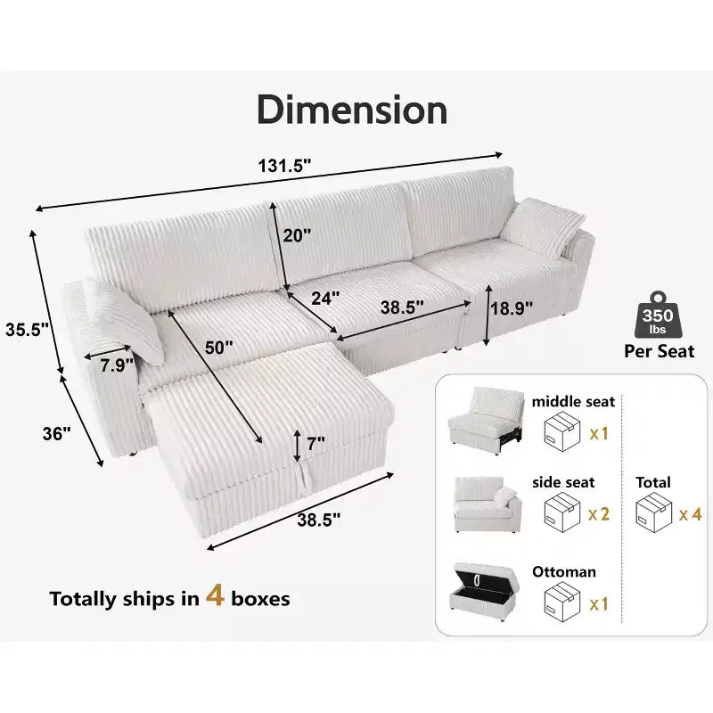Dyonery modulaire hoekbank van ribfluweel met afneembare, wasbare hoezen
