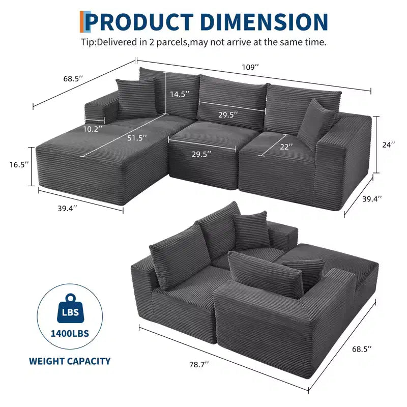 108 Modernes Sofa, 3-Sitzer-Polstersofa in L-Form mit Kissen, Sofa mit tiefer Sitzfläche, keine Montage erforderlich