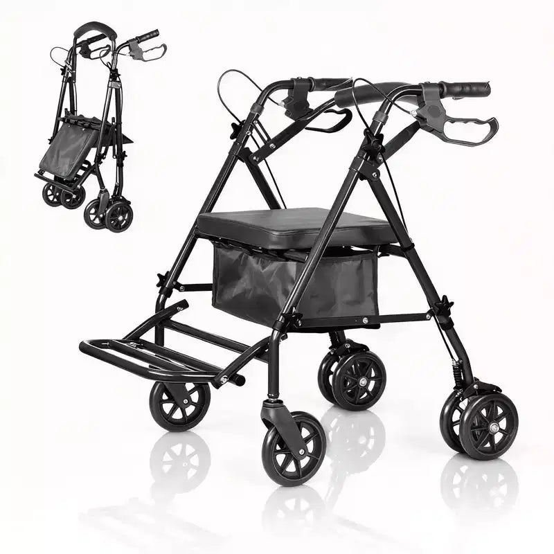 Fauteuil roulant pliable et portable pour adultes, capacité de 299lb, 6 roues, hauteur réglable, rangement sous l’assise, siège confortable et repose-pieds