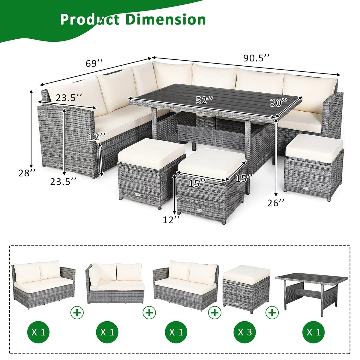Costway, ensemble de salle à manger de jardin en rotin de 7 pièces avec canapé d’angle et repose-pieds - Voir les détails