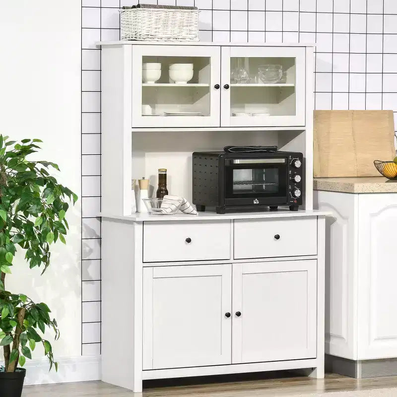 HOMCOM 63.5 Küchenbuffet mit Aufsatzschrank, Vorratsschrank mit 4 Einlegeböden, Schubladen, Glastüren mit Rahmen und offener Ablagefläche für die Mikrowelle
