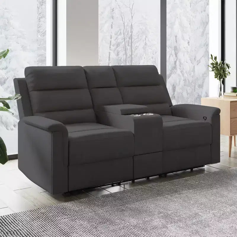 Beiges/graues Zweisitzer-Liegesofa aus Tech-Gewebe mit verstellbarer Rückenlehne und Fußstütze