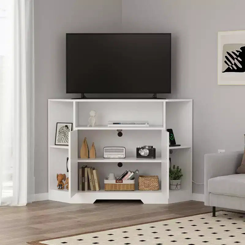Meuble TV d’angle pour téléviseurs jusqu’à 55, console multimédia de style maison de campagne avec portes de grange, étagères ouvertes et placard de rangement, blanc