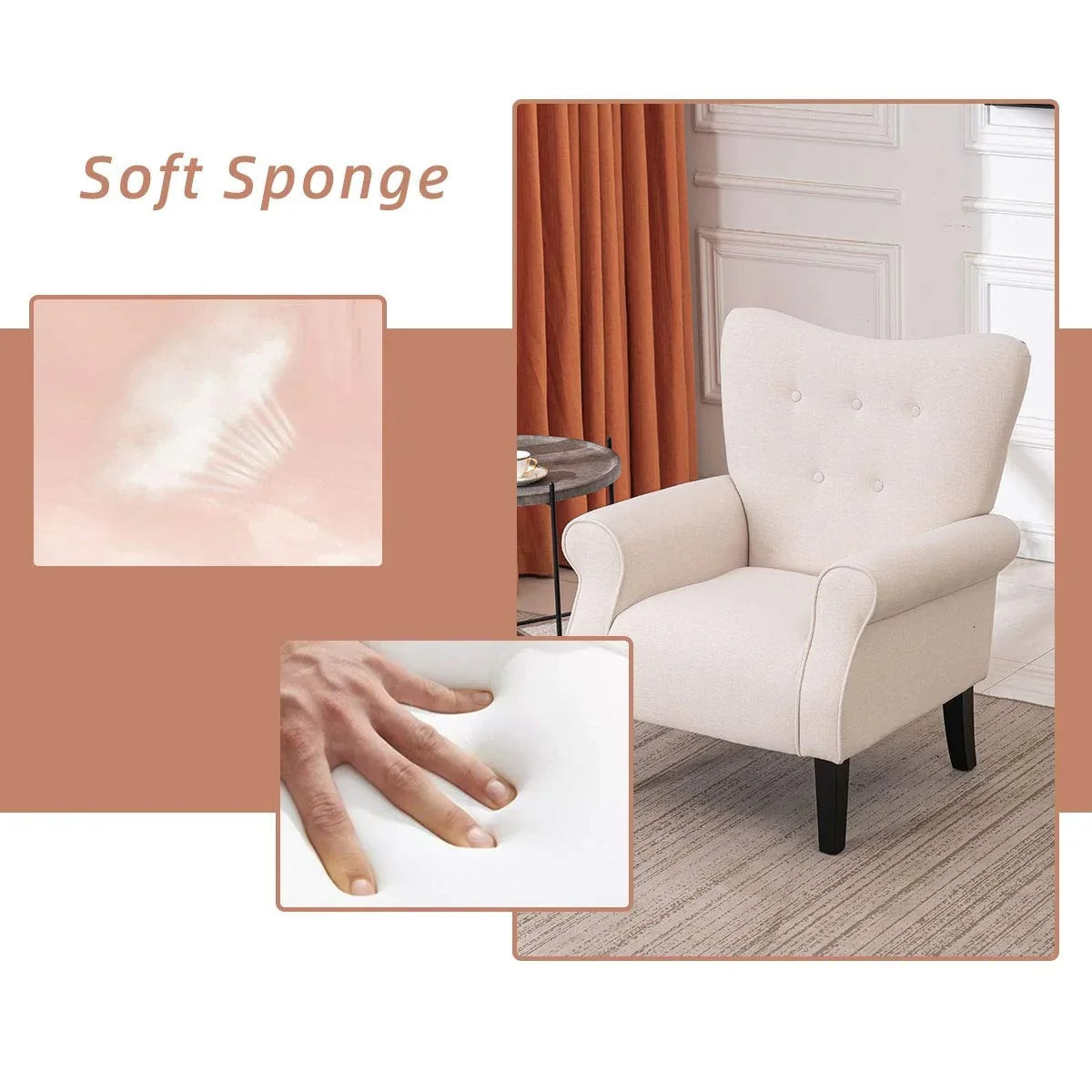 Fauteuil d’appoint moderne Erommy à dossier haut, fauteuil une place en tissu rembourré avec boutons et pieds en bois, pour salon