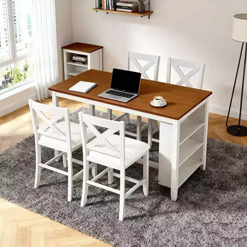 Homy Casa 5-delige eettafelset op aanrechthoogte met opbergplanken, wit en walnoot, moderne landelijke stijl