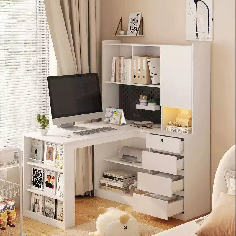Bureau d’angle en L de 46 pouces avec bibliothèque et tiroirs