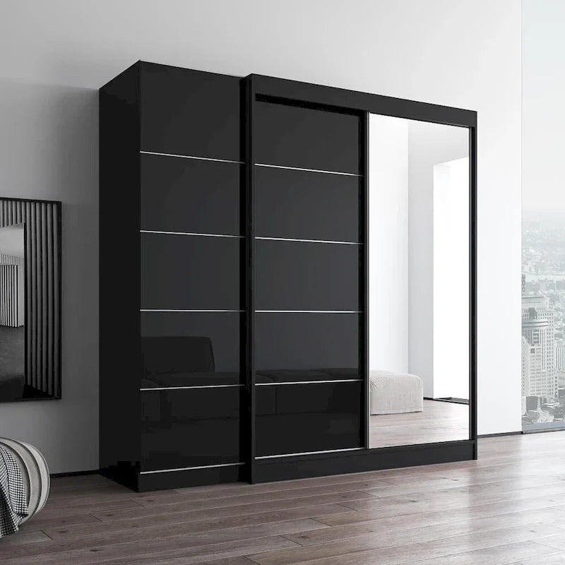 Kleiderschrank mit 2 Türen und Spiegel, Glasfront, für 2 Personen (Grau / Schwarz / Weiß)