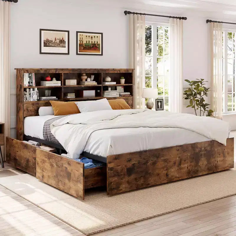 Cadre de lit double avec tête de lit de rangement, cadre de lit en bois avec 4 tiroirs, bibliothèque de rangement et lit plateforme king size avec support métallique robuste