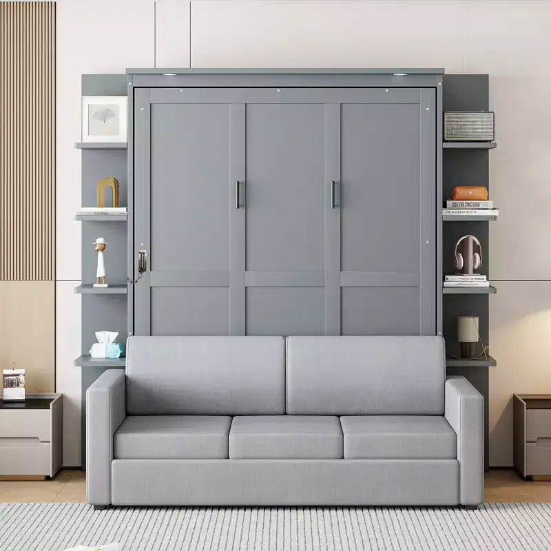 Queen-Murphy-Bett mit Sofa, Schrankbett in Queen-Size zum Zusammenklappen mit Bücherregal und Regalen für Gästezimmer oder Büro