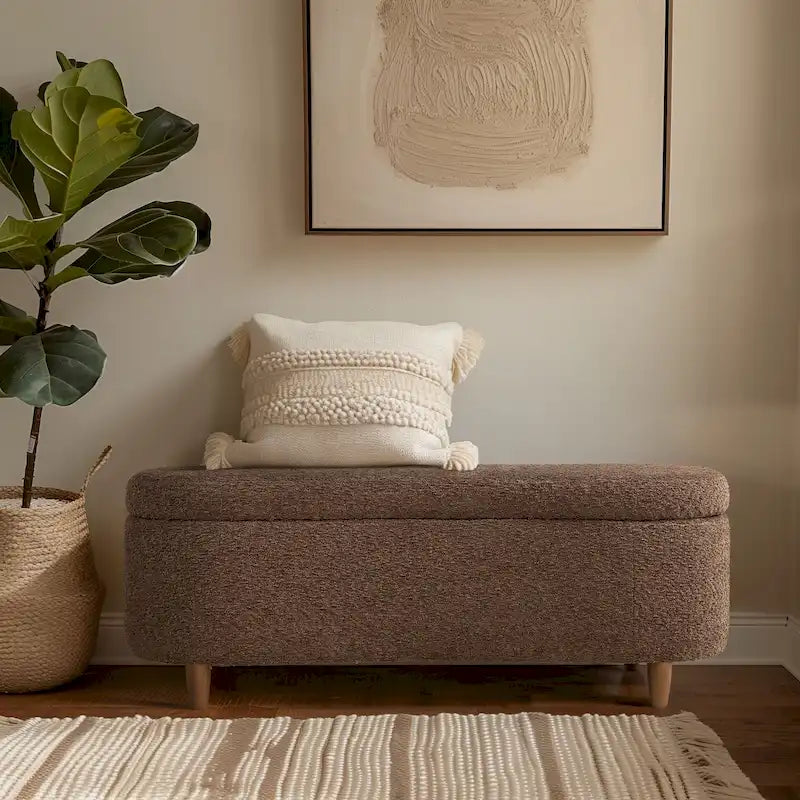 INK+IVY Bailey Stauraumbank in Taupe mit Bouclé-Bezug und Klappdeckel