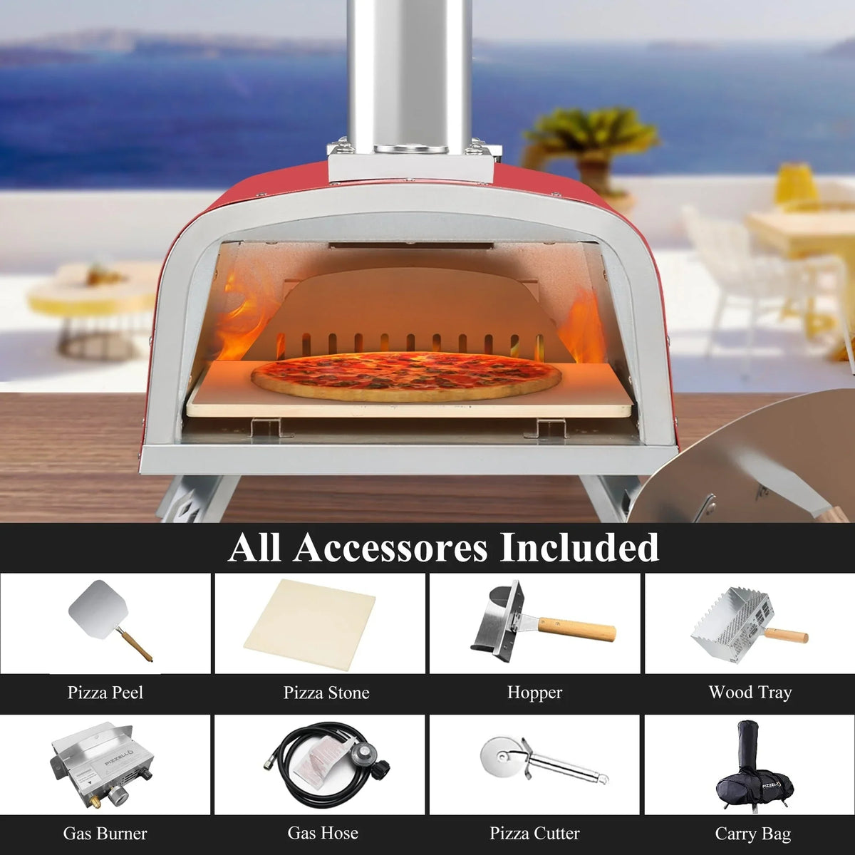 Multibrandstof-pizzaoven voor buiten, voor steenovenpizza, met gasbrander en houtbox - 12 inch