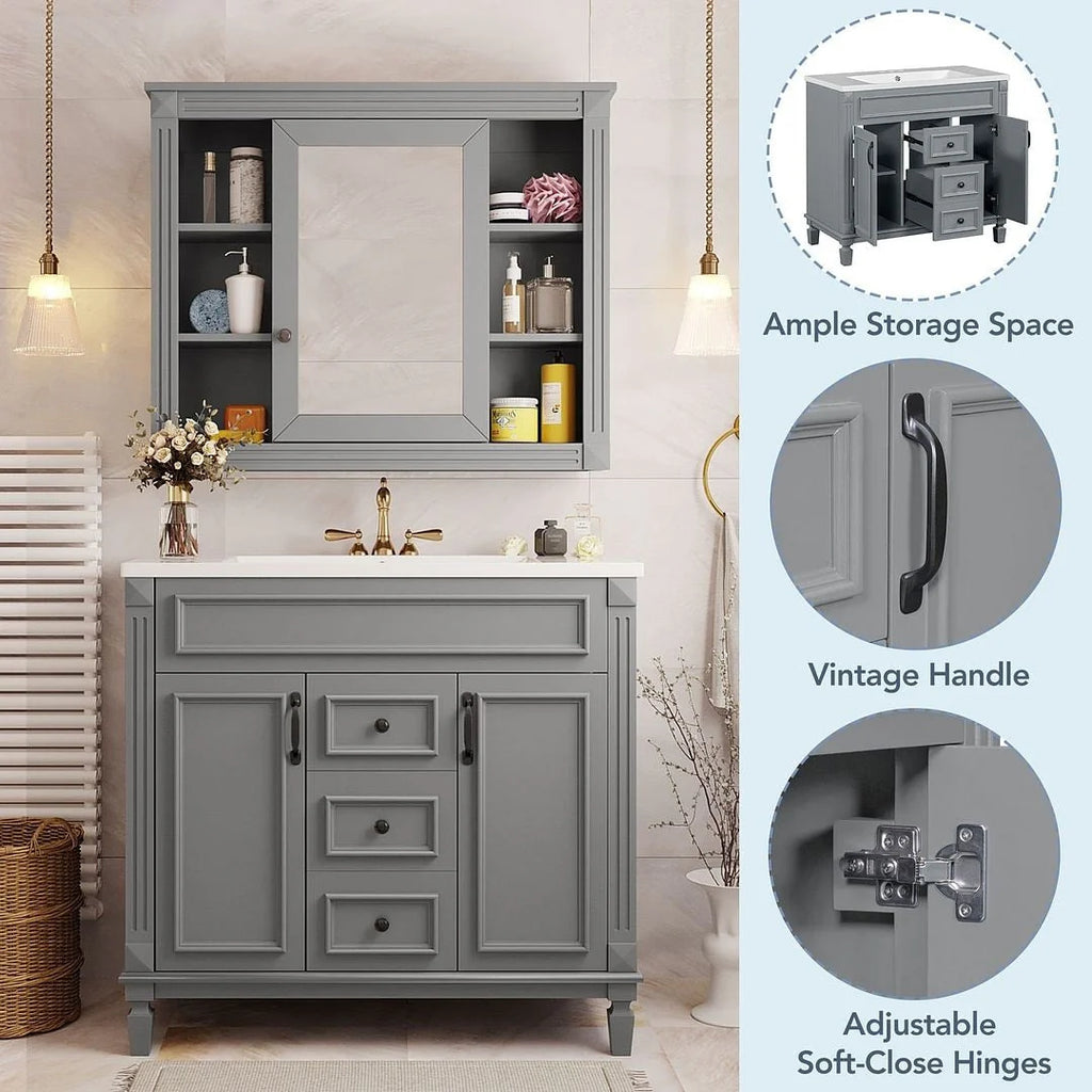 36'' Modern Bathroom Vanity with Top Sink and Mirror Cabinet,2 Doors and 2 Drawers