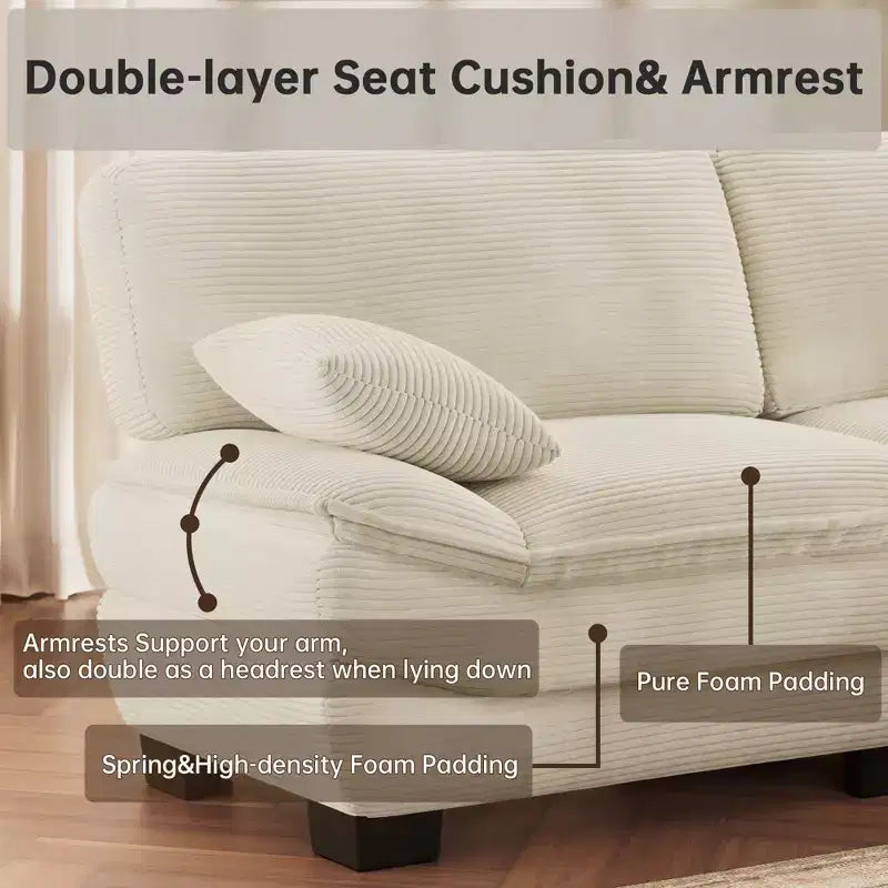 Beiges 87-Zoll-Cordsofa mit 2 Kissen, tiefes Sofa in Segelbootform für Wohnzimmer, kleine Räume, Büro oder Wohnung - Morden Fort