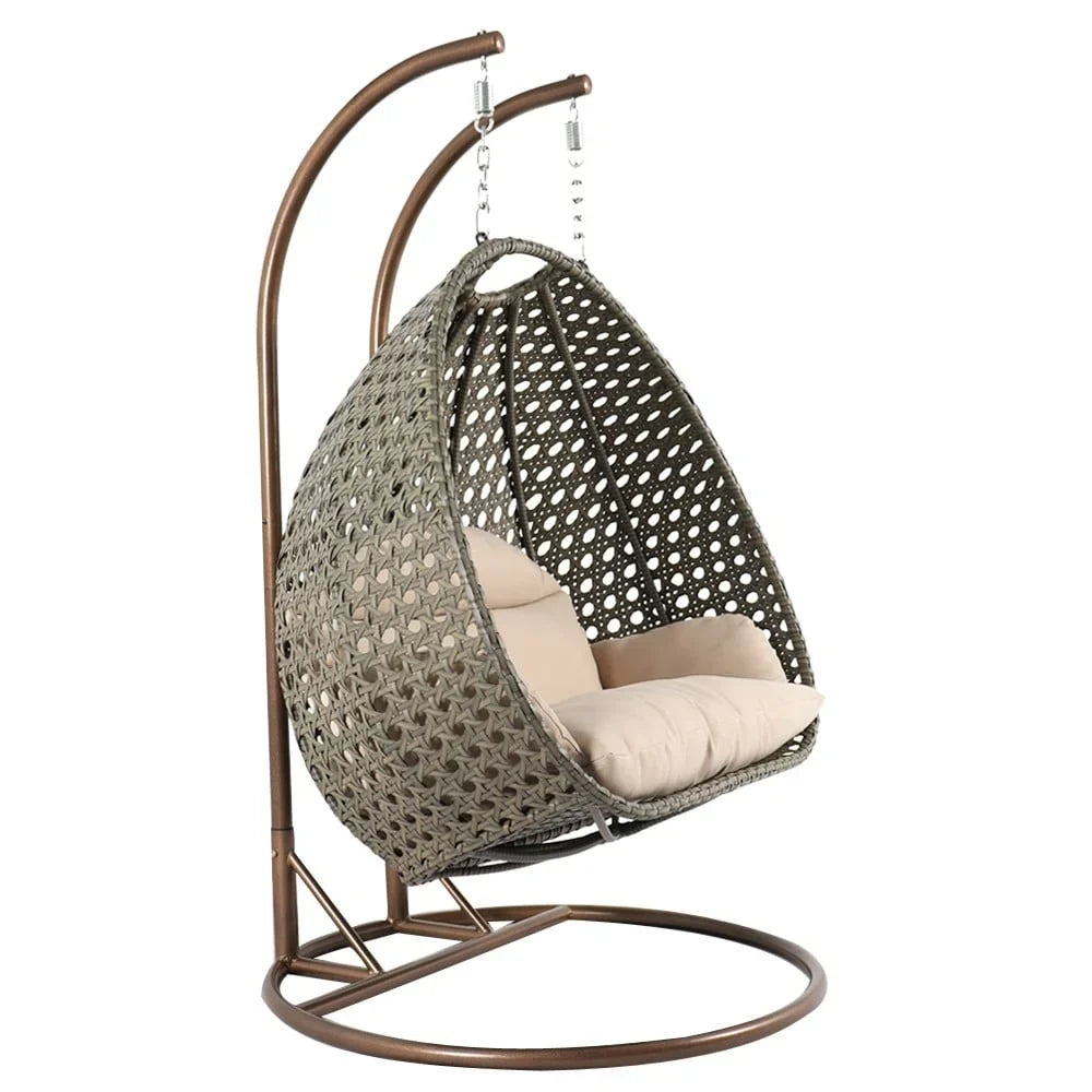 Fauteuil œuf suspendu 2 places LeisureMod avec support - fauteuil hamac balançoire de patio en osier de rotin pour l’extérieur et l’intérieur, avec coussins