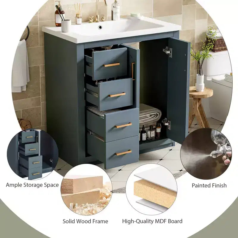 30 Single Sink Bathroom Vanity with Cabinet & 3 Drawers ??Black / Blue / Green / Indigo / White