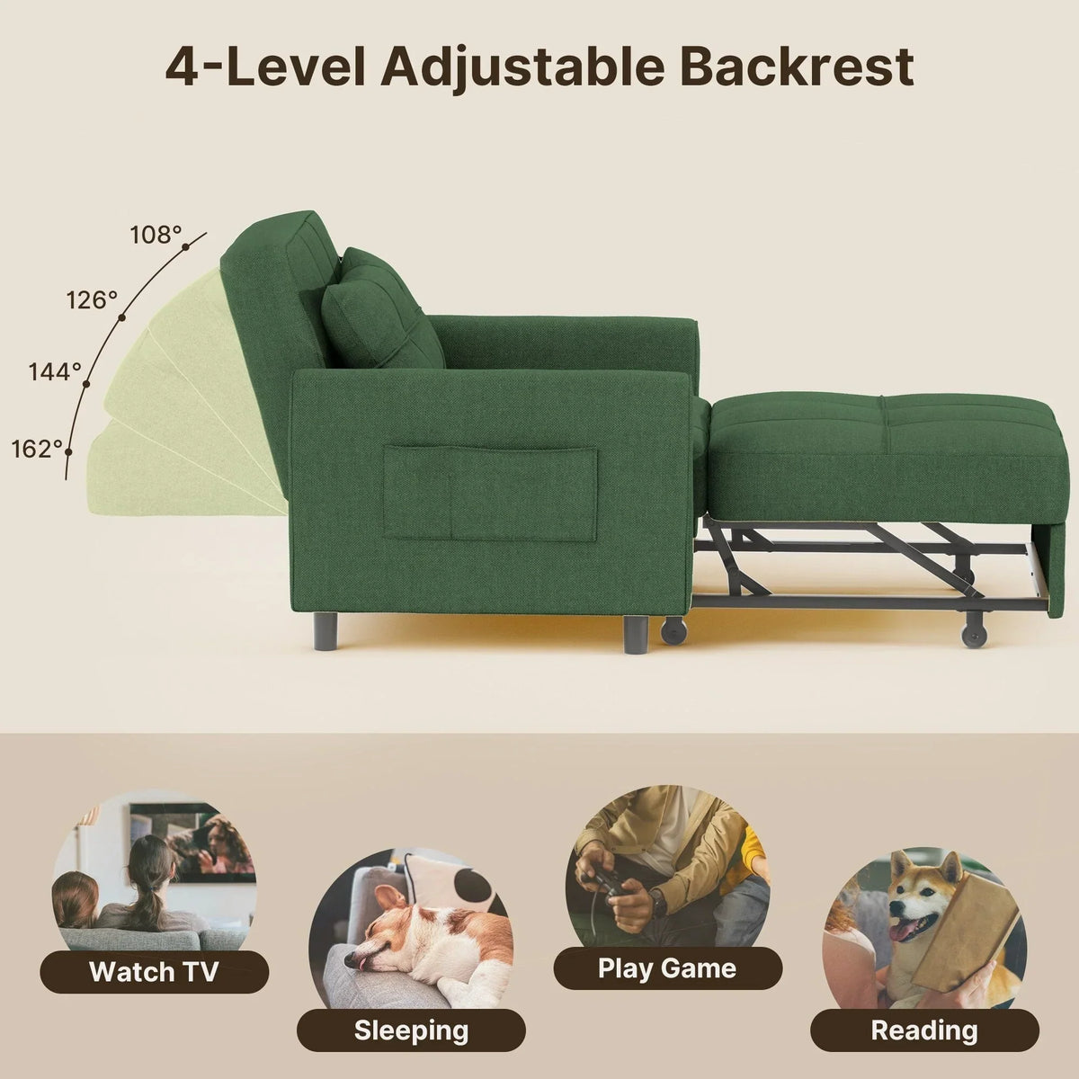 3-in-1-Schlafsofa mit verstellbarer Liegefläche, ausziehbares Sesselsofa, umwandelbares Klappbett fürs Wohnzimmer