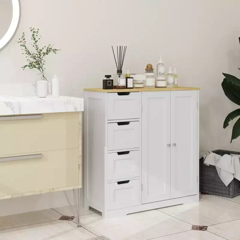 HOMCOM Badezimmerschrank mit verstellbarem Einlegeboden, freistehender Badezimmerschrank mit 4 Schubladen und 2 Türen, weiß