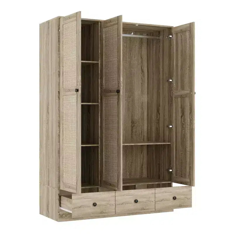 Famapy Rattan-Kleiderschrank mit 3 Schubladen und 3 atmungsaktiven Rattantüren, hoher Schrank im Landhausstil für das Schlafzimmer