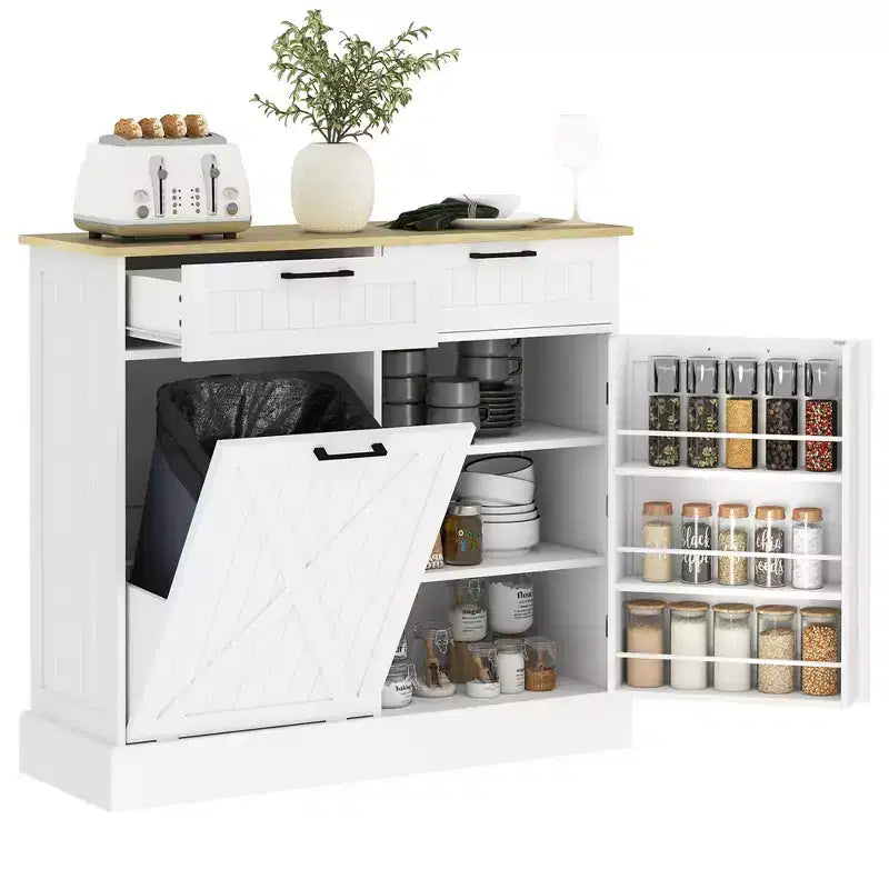 Meuble HOMCOM pour poubelle à ouverture basculante avec tiroirs, meuble de cuisine style campagne avec poubelle dissimulée